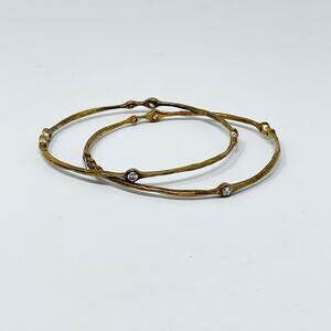Set of 2 Gold Tone Bangle Bracelets Rhinestone Gems Patina Look Costume Fashion